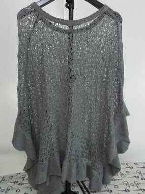 Gray Crochet Knit Ruffle Hem Women's Top